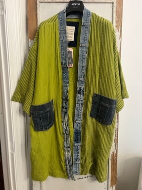 Shannon Passero Lime Green Kimono Jacket with Denim Trim